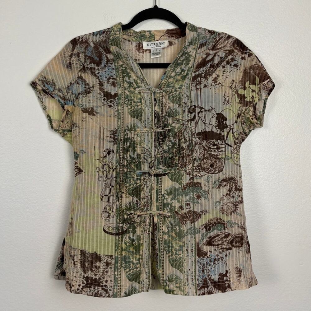 Citron Y2K Silk Blend Asian Art Frog Closure Sheer Blouse Small
